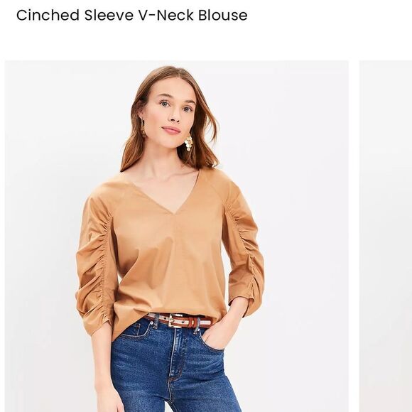 Loft Womens Tan Cinched Sleeve V Neck Blouse - Picture 1 of 8